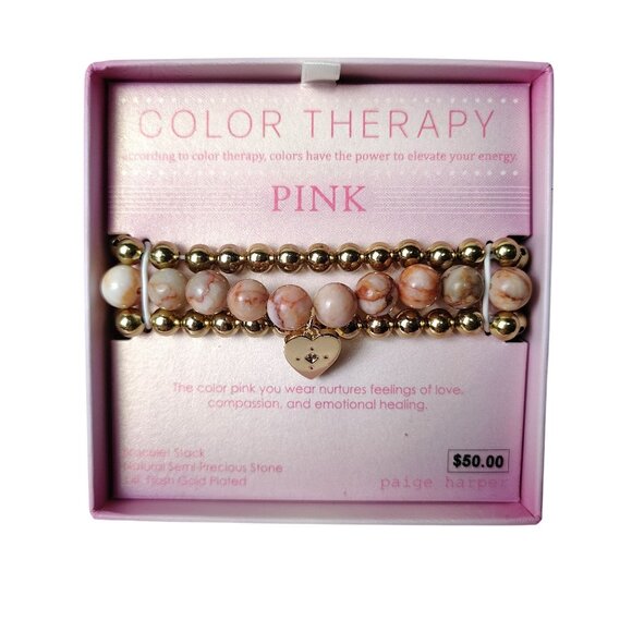 Paige Harper Jewelry - Pink Color Therapy Adjustable Bracelet Stack Natural Stone and 14K Gold Plated